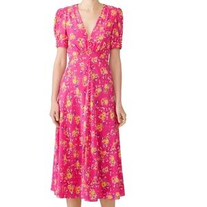 💖 Electric Elegance: Saloni Silk Crepe Puff Sleeve Dress – NWT Size 2 💛